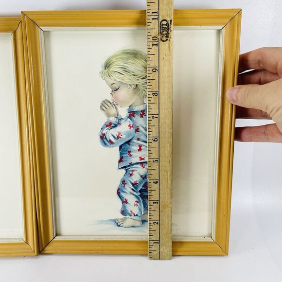 VTG Framed Prints Constanza Bedtime Children Saying Prayers Boy Girl Pair MCM - Picture 6 of 7